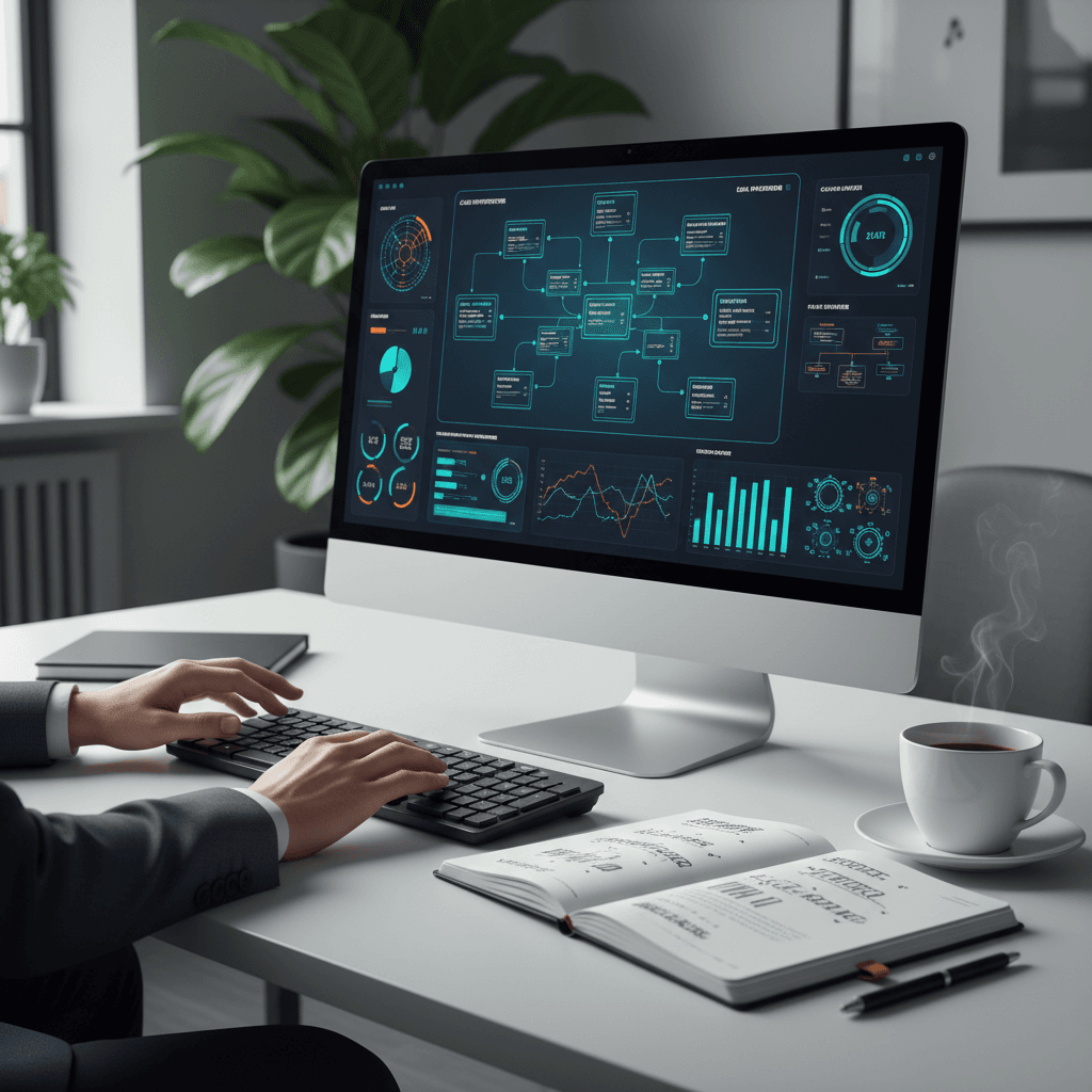 IT consultant reviewing technology strategy on laptop